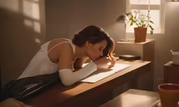 a young girl is doing some writing on her desk