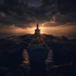 a person is holding a suitcase with the sun in the distance