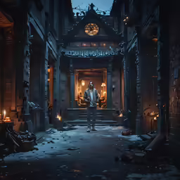 a man stands in a dimly lit alleyway surrounded by debris