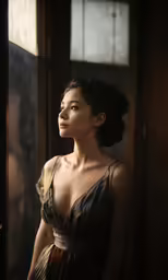 a woman with dark hair, dressed in a dress
