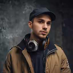 a young man with a baseball cap and a camera