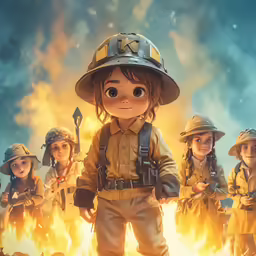 fire fighter girl standing in front of a burning background