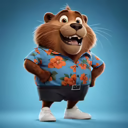 an animated animal character with orange flowers on a blue background