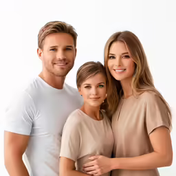 three people are posing together for a portrait