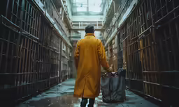 a man is walking in an empty prison with a suitcase