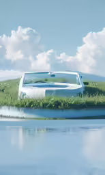 a white van parked on the side of a lake