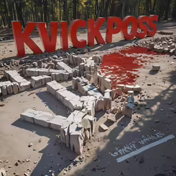 red paint covering several blocks with words in the background