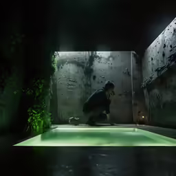 a man kneeling down over a pool surrounded by green plants