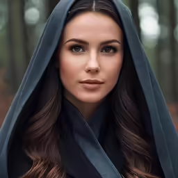 a woman in a black hooded jacket poses for a photo