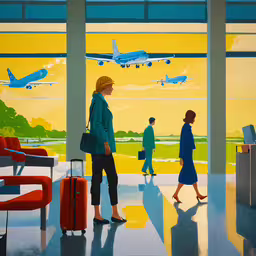 a woman looking out an airport window at planes,a painting of a woman in the airport by a large window