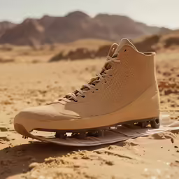 a tan sneaker shoe that is laying on some sand