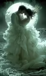 a man and woman are kissing in front of a moon