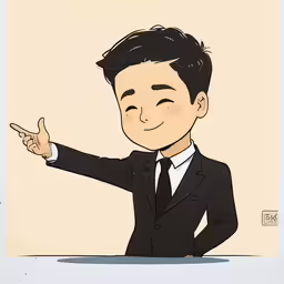 a drawing of a man in a suit pointing at something