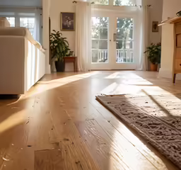 large wooden floor with white wall and windows in back