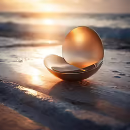 a glass object is sitting on the beach with the sun behind it