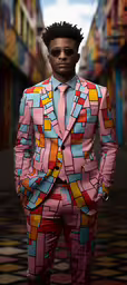 the man is in his suit and glasses,a person with sunglasses in a colorful suit