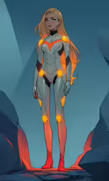 a cartoon girl in front of rocks wearing a suit