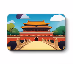 an asian building in the middle of the street with a bridge in front