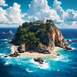 a small island with several islands on top and a house on top