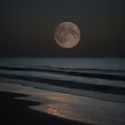 the full moon is reflected in the water near a beach