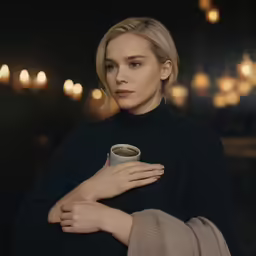 the model with an oversized sweater is holding a cup