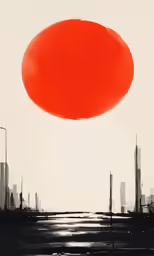 a red object on a city skyline against a white sky