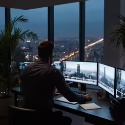 a man is sitting at a desk with four monitors