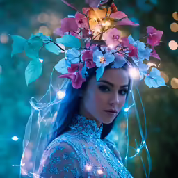 woman with flower decorated crown, in blue dress and lights