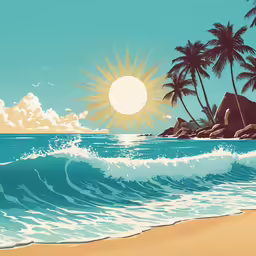 a painting shows a beautiful sunset at the ocean and sand