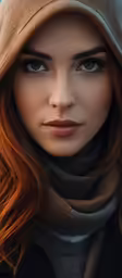 a woman with red hair and a hat looking at the camera
