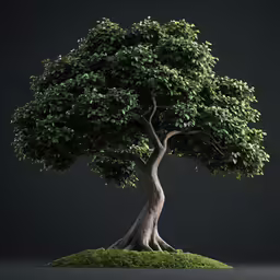 a tree with very large trunk on top of a green patch of grass