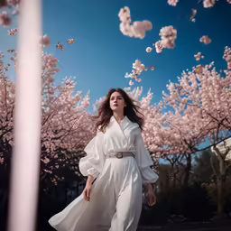 a beautiful young woman walking near a tree in blossom