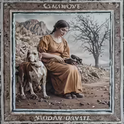 a painting of a woman sitting with two dogs