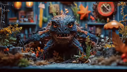 a toy godzilla in front of shelves and clocks