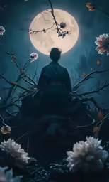 a man sitting on top of a bench under a full moon