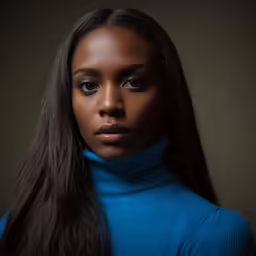 a woman with long hair and a turtleneck top is looking to the side