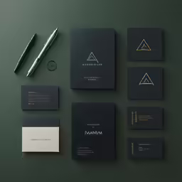 various stationery items including black card, notebook and fountain pen