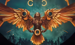 a woman with yellow wings in front of a full moon