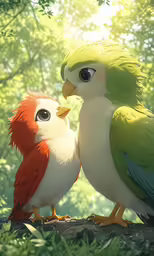 an owl and bird standing next to each other