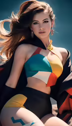 a very sexy woman with an open top in colorful clothing