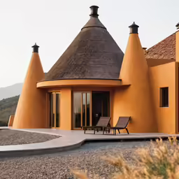 a stone patio and living area with a yellow round structure with two chairs next to it