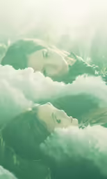 two women in green and white clouds with hair blowing from each