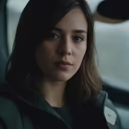 woman with brown hair and a black jacket stares straight ahead