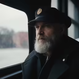a man wearing a hat is looking out a car window