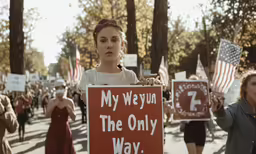 a woman holding a sign reads my hey the only way