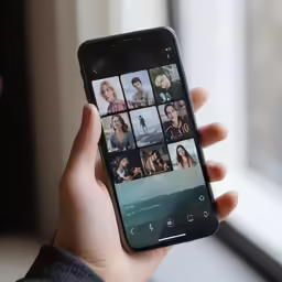 someone holding a smartphone with multiple images of people