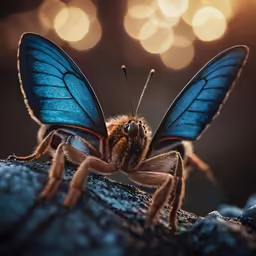 a close up of a blue moth on a leaf