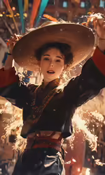 a woman with a hat holding a sparkler