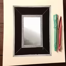 a mirror with two markers near it, in an art project