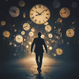 a man is walking toward large clocks in the dark